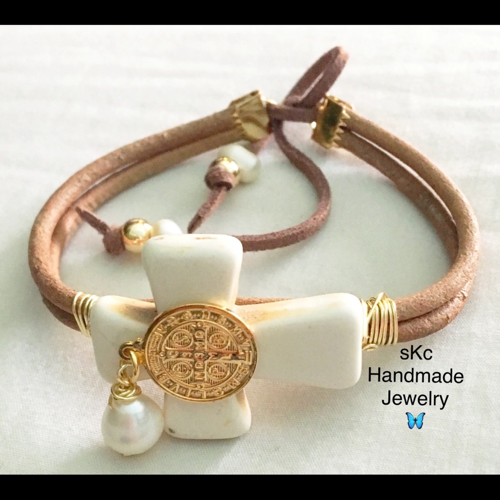 Leather cuff cross bracelet